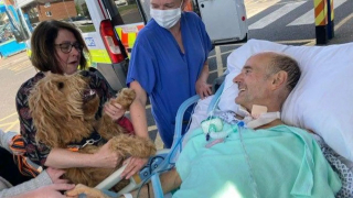 Illustration de l'article : Après avoir passé plus de 100 jours à l’hôpital à cause d’une maladie rare, un homme revient rendre visite aux autres malades avec son chien pour leur offrir de l’espoir (vidéo)