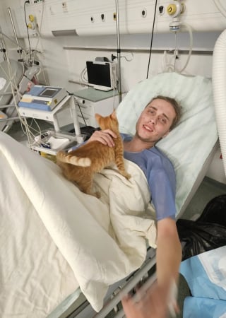 Illustration de l'article : Un chat sauve la vie de son propriétaire tombé dans un ravin enneigé en fuyant la guerre et veille sur lui sur son lit d'hôpital