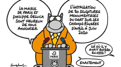 Illustration : Des statues Le Chat de Philippe Geluck exposées sur les Champs-Elysées en 2020