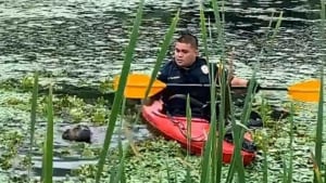 Illustration : Un policier embarque dans un kayak de fortune pour venir en aide à un chien en proie à la noyade ! 