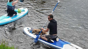 Illustration : Des pagayeurs tentent de secourir un chien tombé dans une rivière