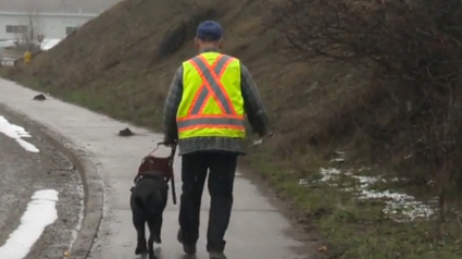 Illustration : Un homme aveugle désorienté après une nuit chaotique en taxi compte sur son chien guide pour le ramener à la maison