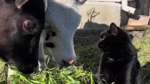 Illustration : "Un chat essaie de rejoindre un troupeau de vaches et semble apprécier cette compagnie inhabituelle (vidéo)"