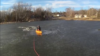 Illustration : Un chien tombé dans un lac gelé est secouru par une passante qui est piégée à son tour jusqu'à l'arrivée de la police