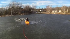 Illustration : Un chien tombé dans un lac gelé est secouru par une passante qui est piégée à son tour jusqu'à l'arrivée de la police